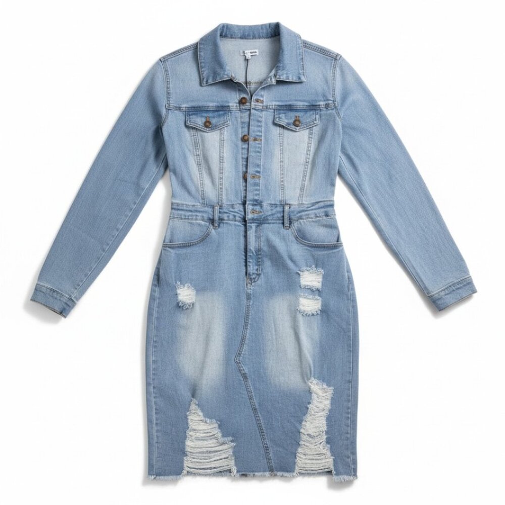 Light Wash Denim Button-Front Dress with Zipper Detail